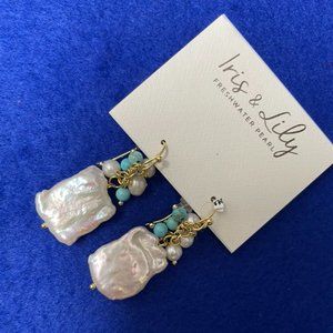 Iris & Lily Freshwater Pearl earrings with turquoise and white beads